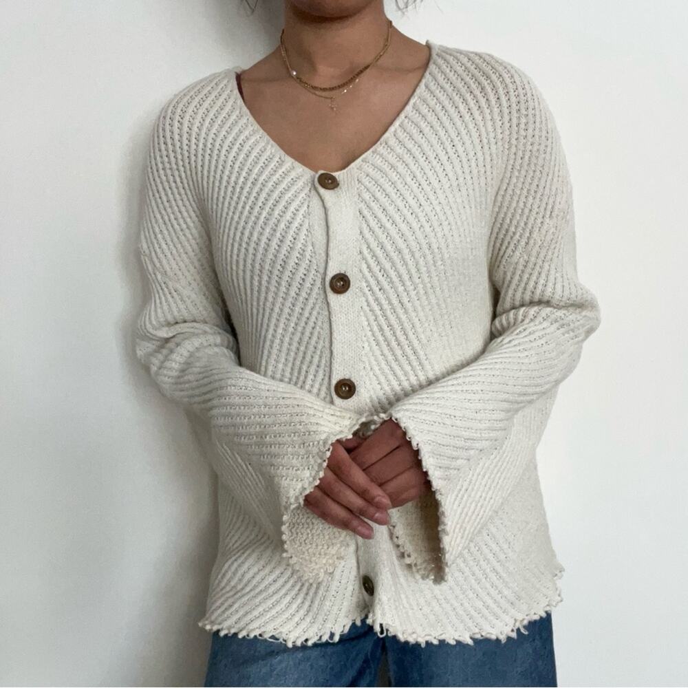Zara Knit Cardigan Bell Sleeve Cream Light Neutral Cottagecore Boho Sz Large